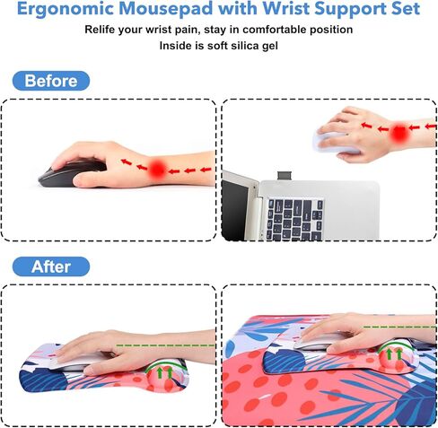 MEGREZ 3 قطع لوحة ماوس مريحة مع دعم مسند المعصم + حصيرة ماوس ألعاب كبيرة مع وسادة أكواب، لوحة ماوس ممتدة للألعاب في المنزل والمكتب، وسادة ماوس مسند للمعصم تخفف الألم، أوراق استوائية in Kuwait