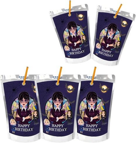 Adlight 24Pcs Wednesday Addams Birthday Party Supplies,Cartoon Wednesday Juice Pouch Tags Stickers for Wednesday Party Decorations. in Saudi Arabia