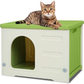 Waterproof Cat House Outdoor Indoor, Plastic Cat House for Outdoor Cats Feral Cat House Outdoor, Sturdy Cat Bed for Small Pet, Spacious, Assemble Easily -Grey