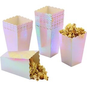 Pink Iridescent Disposable Popcorn Boxes 6.3 Inches Tall Holographic Party Decoration Supplies Open-Top Cardboard Paper Popcorn Candy Snack Container for Party Wedding Anniversary Christmas Pack of 12