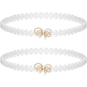 Elegant Rhinestone Pearl Elastic Waistband Luxury Bow Belt Dress Crystal Waist Strap Pearl Waistband for Women and Girls Fashion Bow Dress Belt Skirt Clothing Decoration 2 PCS, White