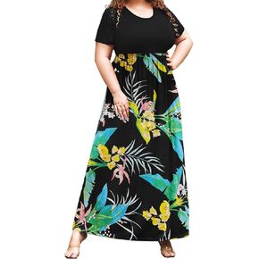 فستان طويل صيفي بمقاس كبير للنساء بأكمام قصيرة ورقبة مستديرة وفساتين طويلة بوهيمية للشاطئ مع جيوب in Kuwait