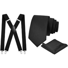 Black Braces & Ties for Mens, Mens Suspenders with Strong Metal Clips Classic Solid Color Men's Ties and Pocket Square Sets