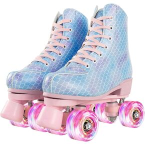 Womens Black Roller Skates High-top Light-Up 4-Wheel Outdoor Indoor Roller Skates Double Row Shiny Skates for Unisex Adults with Shoes Bag