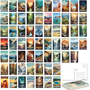 National Parks Theme Postcard Set: Retro Travel Posters Wall Decoration - 63 Abstract U.S. Parks Illustrations, 4" W x 6" H