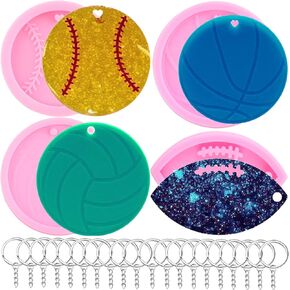 Baseball Volleyball Basketball Football Keychain Silicone Molds Casting Epoxy Resin Mold with 20Pcs Key Rings for Jewelry Making Pendant Necklace Decoration Set of 24