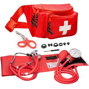 First Aid Fanny Pack Stocked with Emergency Essentials and Professional Aneroid Sphygmomanometer Blood Pressure Machine with Stethoscope Set, Essential Medical Supplies kit
