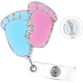 Baby feet Badge Reel with Swivel Alligator Clip ID Badge Holder Funny Glitter Badge Reel Retractable Clip for RN LPN CNA Nurse Doctor Assistant Medical Staff