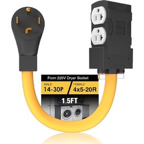 [240V to 120V] 30 Amp to 20 Amp 110 Adapter with Circuit Breaker Dryer Adapter Cord Distribution NEMA 14-30 Adapter to 4X 5-15R/5-20R T-Blade Multiple Use ETL Listed 1.5 FT Household Outlet
