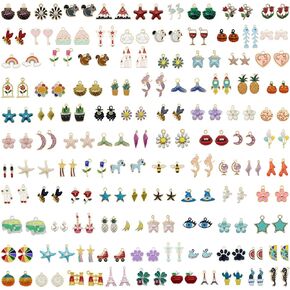 JJG 100Pcs(50PAIRS) Assorted Fruits Mermaid Animals Gold Plated Enamel Pendants Necklace Bracelet Charms for Earrings Jewelry Making