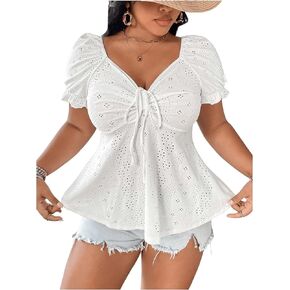 SweatyRocks Women's Plus Size Puff Short Sleeve Eyelet T Shirts Ruffle Hem V Neck Summer Tops