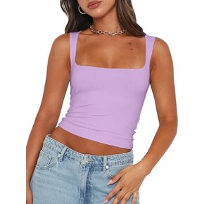 Mokoru Women's Sexy Sleeveless Square Neck Tank Top Double Lined Basic Crop Tops