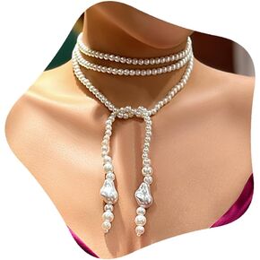 YERTTER 1920s Pearl Choker Necklace Vintage Long Sweater Choker Round Faux Pearl Strand Pearl Choker Statement Collar Neck Gift for Her (Pearl 1)