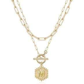 IEFWELL Dainty Layered Gold Necklace for Women, 14K Gold Plated Paperclip Chain Necklace for Women Dainty Initial M Necklace Gold Necklace for Women Gold Jewelry