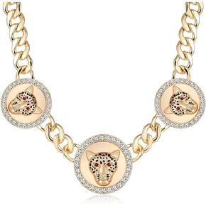 Women's Gold Crystal Leopard Head Necklace Statement Hip Hop Chunky Panther Choker Chain Cocktail Costume Party Jewelry