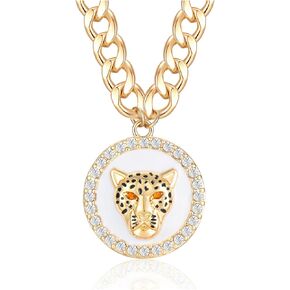 Women's Gold Crystal Leopard Head Necklace Statement Hip Hop Chunky Panther Choker Chain Cocktail Costume Party Jewelry