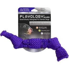 Playology Silver - Dental Chew Ball Dog Toy, Medium - Designed for Senior Dogs (15-35lbs) - Engaging All-Natural Peanut Butter Scent - Non-Toxic Materials and Moderate Chewing for Older Teeth