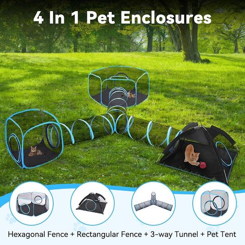 Outdoor Cat Enclosures for Cats Indoor, Patio Portable Mesh Cat Tent, Tunnel, Playhouse with Free Carry Bag & Metal Rod for Multiple Cats and Small Animals, Includes Cat Playpen+2 Cat Tent+Cat Tunnel in Saudi Arabia