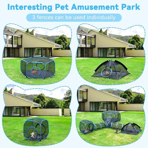 Outdoor Cat Enclosures for Cats Indoor, Patio Portable Mesh Cat Tent, Tunnel, Playhouse with Free Carry Bag & Metal Rod for Multiple Cats and Small Animals, Includes Cat Playpen+2 Cat Tent+Cat Tunnel in Saudi Arabia