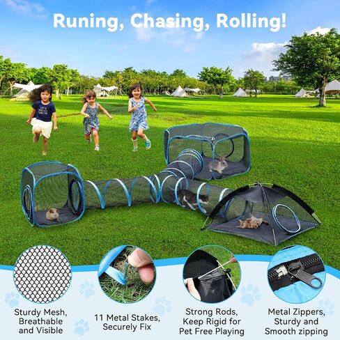 Outdoor Cat Enclosures for Cats Indoor, Patio Portable Mesh Cat Tent, Tunnel, Playhouse with Free Carry Bag & Metal Rod for Multiple Cats and Small Animals, Includes Cat Playpen+2 Cat Tent+Cat Tunnel in Saudi Arabia