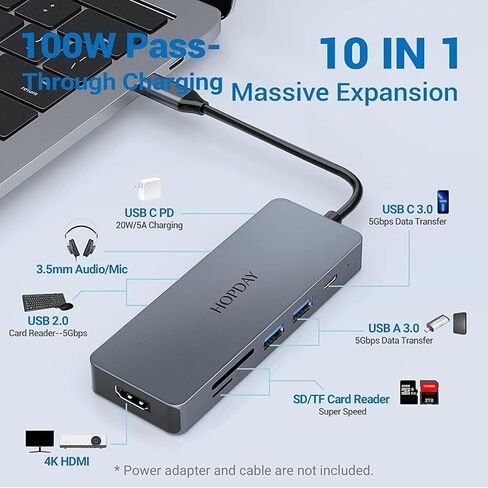 USB C Hub Adapter - 10 Ports Multiport Adapter with 4K HDMI, USB C Dock for Type C Laptop and Tablet, Dongle (PD Charging Port,USB 3.0 5Gbps,SD/TF Card Reader) in Saudi Arabia