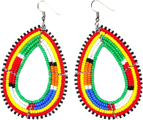 African Maasai Kenyan Tear Drop Earrings Multicolor - Blue, Red, Orange, Green, White, Yellow, and Navy (Green) in Saudi Arabia