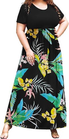 فستان طويل صيفي بمقاس كبير للنساء بأكمام قصيرة ورقبة مستديرة وفساتين طويلة بوهيمية للشاطئ مع جيوب in Kuwait