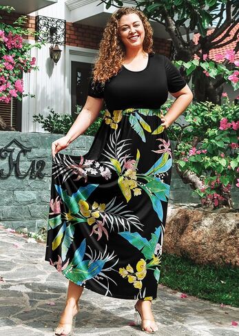 فستان طويل صيفي بمقاس كبير للنساء بأكمام قصيرة ورقبة مستديرة وفساتين طويلة بوهيمية للشاطئ مع جيوب in Kuwait