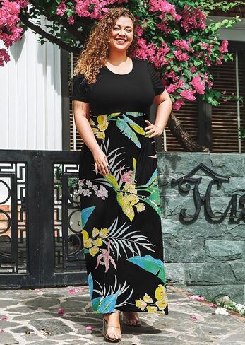 فستان طويل صيفي بمقاس كبير للنساء بأكمام قصيرة ورقبة مستديرة وفساتين طويلة بوهيمية للشاطئ مع جيوب in Kuwait