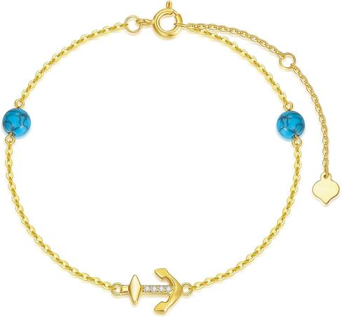 sisgem 14k الذهب الحقيقي مرساة سوار للنساء، الذهب الأصفر خلق الفيروز الخرز محطة قطرة أساور مجوهرات هدايا عيد الميلاد لها 6.5 ''+ 2'' in Saudi Arabia