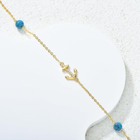 sisgem 14k الذهب الحقيقي مرساة سوار للنساء، الذهب الأصفر خلق الفيروز الخرز محطة قطرة أساور مجوهرات هدايا عيد الميلاد لها 6.5 ''+ 2'' in Saudi Arabia