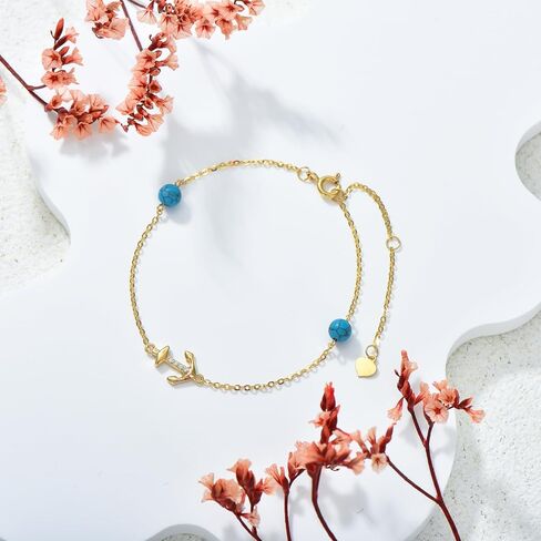 sisgem 14k الذهب الحقيقي مرساة سوار للنساء، الذهب الأصفر خلق الفيروز الخرز محطة قطرة أساور مجوهرات هدايا عيد الميلاد لها 6.5 ''+ 2'' in Saudi Arabia