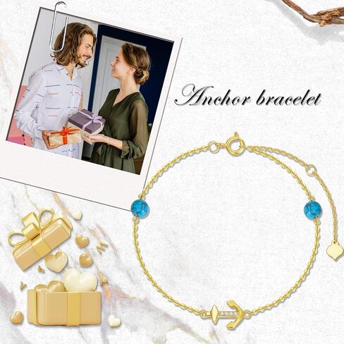 sisgem 14k الذهب الحقيقي مرساة سوار للنساء، الذهب الأصفر خلق الفيروز الخرز محطة قطرة أساور مجوهرات هدايا عيد الميلاد لها 6.5 ''+ 2'' in Saudi Arabia