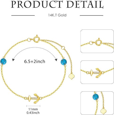 sisgem 14k الذهب الحقيقي مرساة سوار للنساء، الذهب الأصفر خلق الفيروز الخرز محطة قطرة أساور مجوهرات هدايا عيد الميلاد لها 6.5 ''+ 2'' in Saudi Arabia