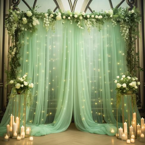 10x8ft Olive Green Tulle Backdrop Curtain with Lights String for Parites, Sheer Photo Backdrop Drapes with Lights for Wedding Backdrop Ceremony Reception Bridal Shower Baby Shower Birthday Party in Saudi Arabia