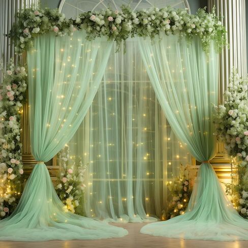 10x8ft Olive Green Tulle Backdrop Curtain with Lights String for Parites, Sheer Photo Backdrop Drapes with Lights for Wedding Backdrop Ceremony Reception Bridal Shower Baby Shower Birthday Party in Saudi Arabia