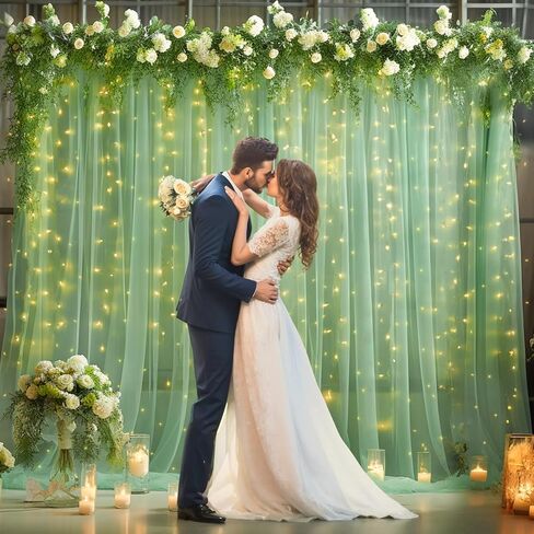 10x8ft Olive Green Tulle Backdrop Curtain with Lights String for Parites, Sheer Photo Backdrop Drapes with Lights for Wedding Backdrop Ceremony Reception Bridal Shower Baby Shower Birthday Party in Saudi Arabia