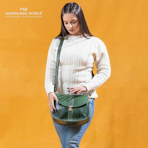 Handmade World Gift Genuine Buffalo Leather Crossbody Bags for Women Multi-Pocket Travel Purse and Sling Saddle Bag (Green) in Saudi Arabia