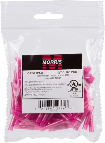 Morris Products Nylon-Insulated Butt Splice Connectors – Yellow Color-Coded for Identification – Corrosion-Resistant, Electrolytic Tubular Copper – 26-22 Wire Range – cULus Listed– Pack of 100 in Saudi Arabia