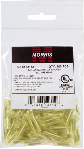 Morris Products Nylon-Insulated Butt Splice Connectors – Yellow Color-Coded for Identification – Corrosion-Resistant, Electrolytic Tubular Copper – 26-22 Wire Range – cULus Listed– Pack of 100 in Saudi Arabia