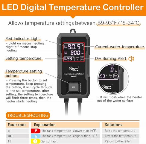 hygger Aquarium Heater 300W/500W/800W/1000W, Submersible Fish Tank Heater in Kuwait