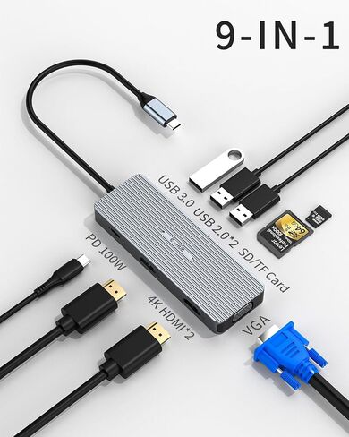 9 in 1 USB C Hub, USB C Docking Station, Daul HDMI, VGA, 3XUSB Ports, 100W PD, SD/TF-Reader, Used in Mac Air/Mac Pro/Surface Pro in Saudi Arabia