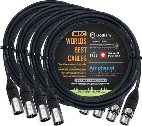 WORLDS BEST CABLES 4 Units - 25 Foot - Gotham GAC-4/1 (Black) - Star Quad, Dual Shielded Balanced Male to Female Microphone Cables with Amphenol AX3M & AX3F Silver XLR Connectors - Custom Made in Saudi Arabia