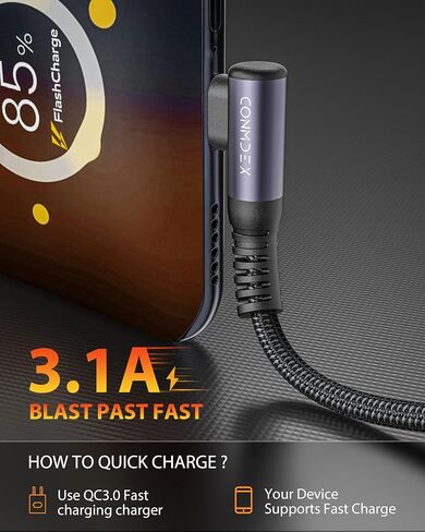 CONMDEX USB C Charger Cable [1ft, 2-Pack] 10Gbps USB 3.1 Gen 2 USB A to USB C Data Transfer Braided Cord, Right Angle Android Auto CarPlay Type C Cable for iPhone 15 Plus Pro Max Samsung Galaxy S23 in Saudi Arabia