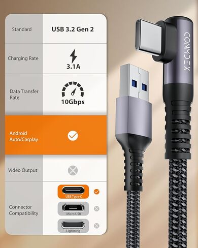 CONMDEX USB C Charger Cable [1ft, 2-Pack] 10Gbps USB 3.1 Gen 2 USB A to USB C Data Transfer Braided Cord, Right Angle Android Auto CarPlay Type C Cable for iPhone 15 Plus Pro Max Samsung Galaxy S23 in Saudi Arabia