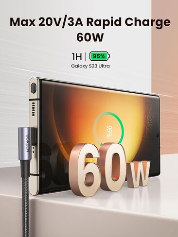 UGREEN Right Angle USB C to USB C Cable, 60W USB C Fast Charging Cable 90 Degree Compatible with iPhone 15/15 Plus/15 Pro, MacBook Pro, iPad Pro, Samsung Galaxy S24/S23, Google Pixel 8/7, 3.3FT in Kuwait