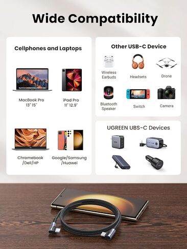 UGREEN Right Angle USB C to USB C Cable, 60W USB C Fast Charging Cable 90 Degree Compatible with iPhone 15/15 Plus/15 Pro, MacBook Pro, iPad Pro, Samsung Galaxy S24/S23, Google Pixel 8/7, 3.3FT in Kuwait