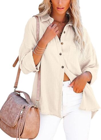 Davenil Women Button Down Shirts Cotton Linen Casual Collar Blouses in Saudi Arabia