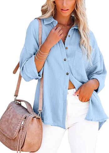 Davenil Women Button Down Shirts Cotton Linen Casual Collar Blouses in Saudi Arabia