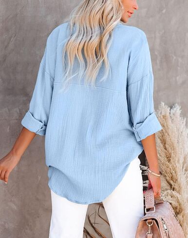 Davenil Women Button Down Shirts Cotton Linen Casual Collar Blouses in Saudi Arabia
